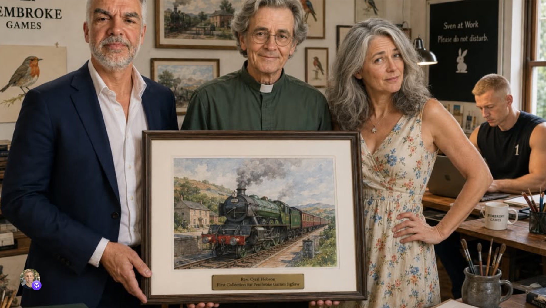 Simon Cholerton, the Rev Cyril Hobson and Jane Stephens presenting Cyril’s first railway watercolour collection for the Pembroke Games JigSaw app